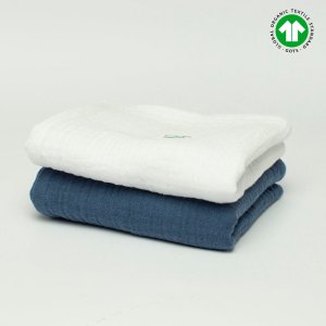 Zestaw pieluszek muślinowych GOTS | 50x50 cm | 2 szt | dwupak biały - granatowy