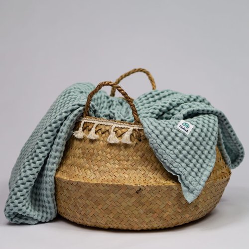 Kocyk lniano-bawełniany wafel 70x100 aqua patynowy