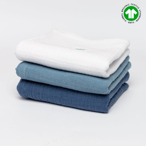 Pieluszki muślinowe zestaw 50x50 GOTS biały - jeans - granatowy