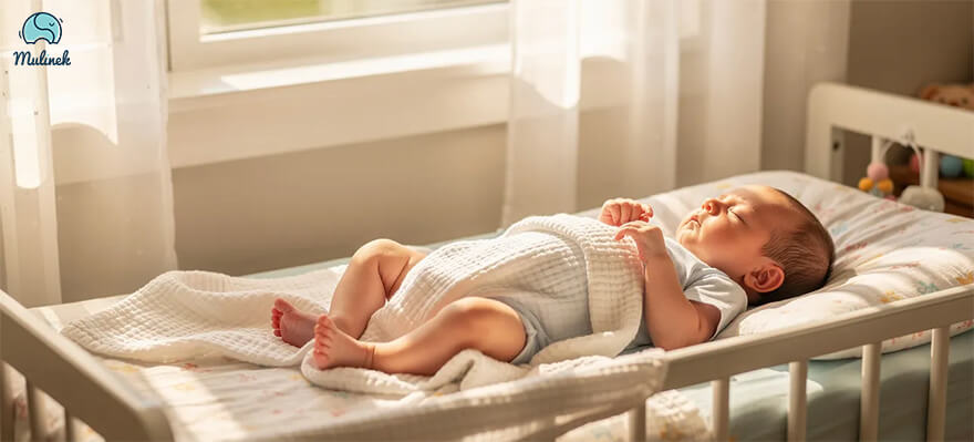 Niemowlę śpiące na plecach w białym łóżeczku, w jasnym body z krótkim rękawem, z odsłoniętymi nóżkami na muślinowym kocyku. W tle okno z białymi firankami i ciepłe światło dzienne. W lewym górnym rogu logo Mulinka.